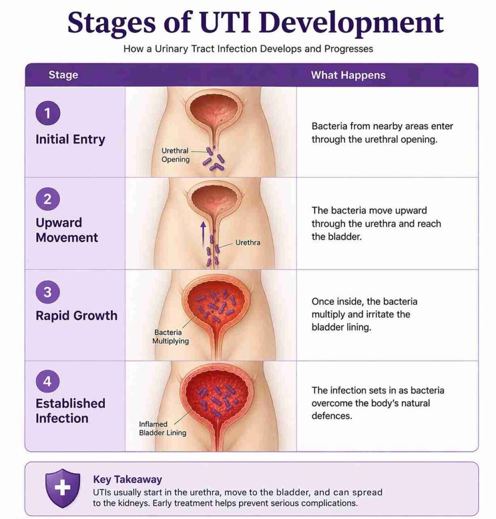 Diagram detailing stages of UTI development including initial entry, upward movement, rapid growth, and established infection in the bladder