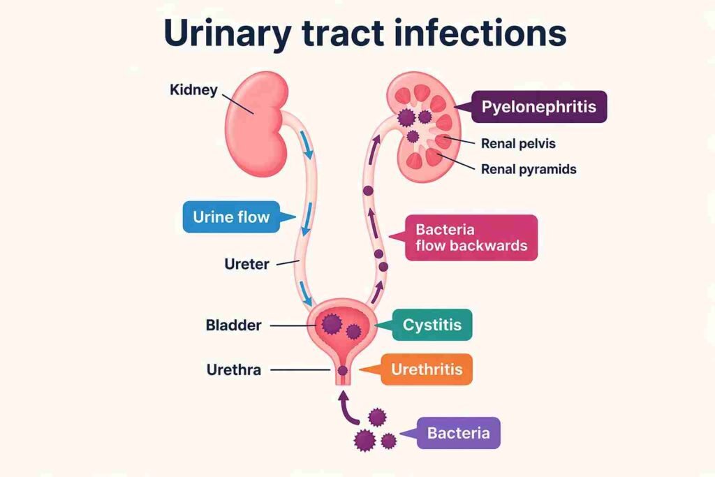 Illustration showing urinary tract infection progression from urethra to kidneys, highlighting cystitis, urethritis, and pyelonephritis
