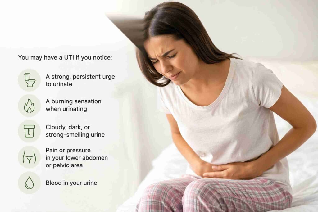 Woman holding lower abdomen in discomfort with visual icons for UTI symptoms like burning urination, cloudy urine, and pelvic pain