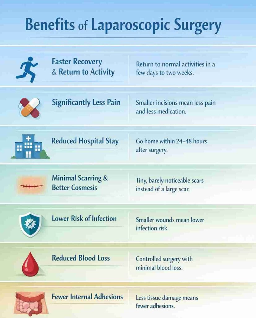Infographic showing key benefits of laparoscopic surgery including faster recovery, less pain, shorter hospital stay, minimal scarring, lower infection risk, reduced blood loss, and fewer adhesions.