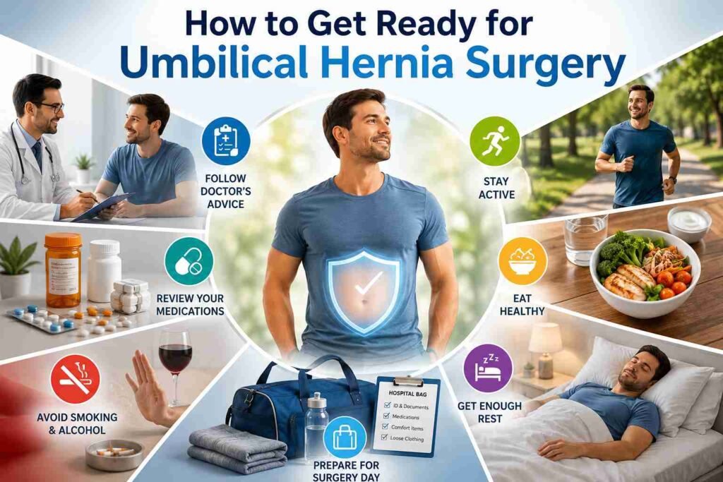 Patient preparation tips before umbilical hernia surgery, including doctor advice, medication review, healthy diet, rest, and surgery day planning.