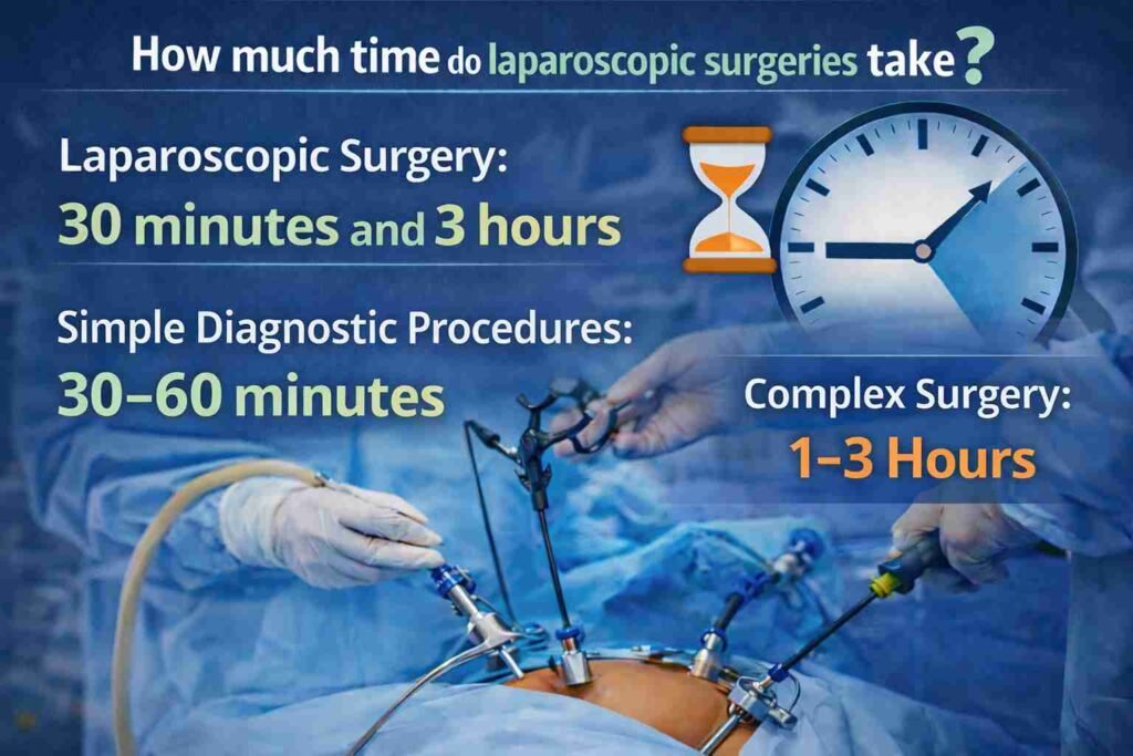 Infographic explaining how long laparoscopic surgery takes, including 30 to 60 minutes for simple diagnostic procedures and 1 to 3 hours for complex laparoscopic surgeries.