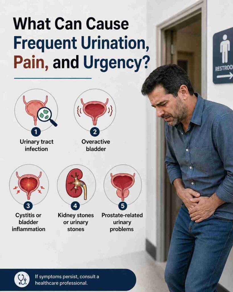 Man experiencing urinary urgency near a restroom with infographic showing UTI, overactive bladder, cystitis, kidney stones and prostate-related bladder problems.