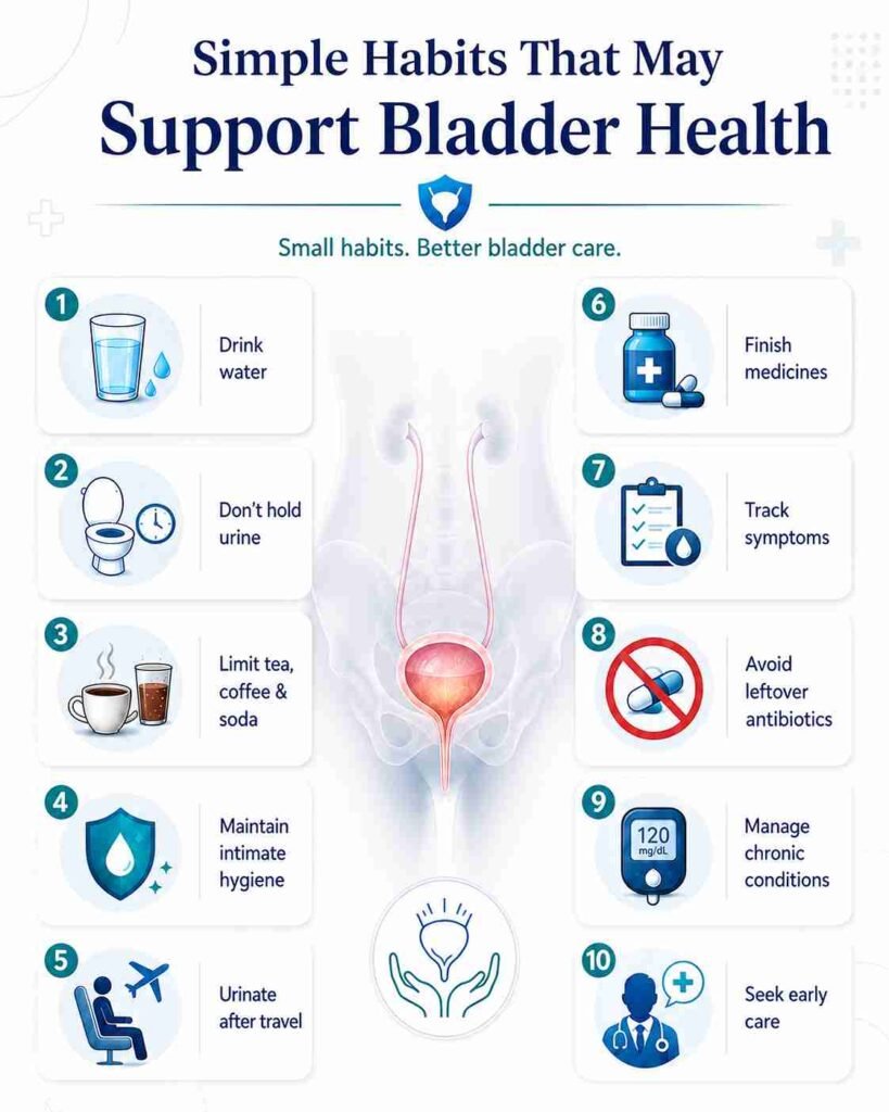 Infographic showing simple bladder health habits such as drinking water, avoiding urine holding, limiting caffeine, maintaining hygiene and seeking early care.