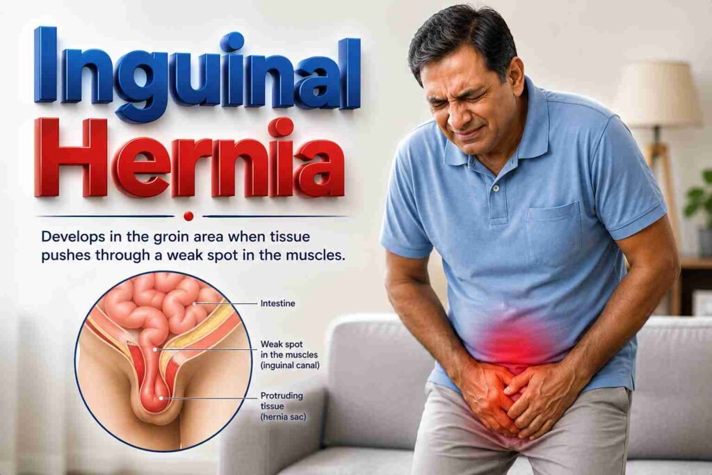 Man experiencing groin pain. A medical diagram showing an inguinal hernia, weak abdominal wall and protruding tissue.