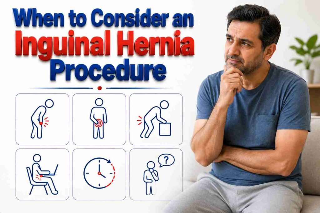 Man considering inguinal hernia treatment with illustrations showing groin pain, swelling and other common hernia symptoms.