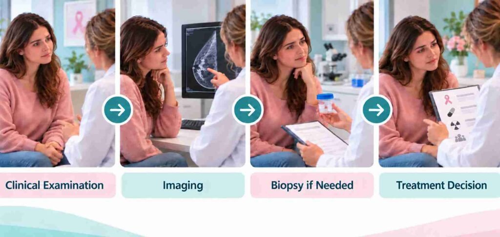 Steps involved in breast lump evaluation including clinical examination, imaging, biopsy assessment and treatment planning with a doctor