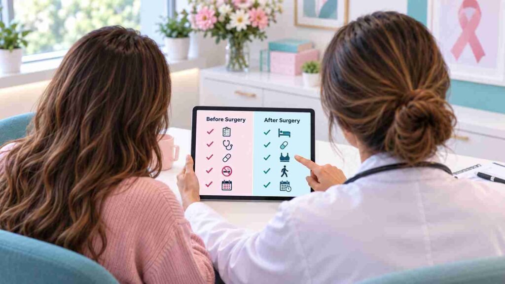 Doctor explaining before and after care steps of breast lump surgery to a patient using a digital tablet during consultation