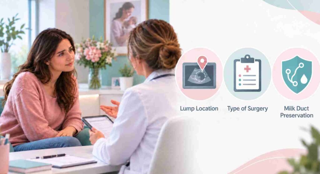 Doctor discussing breast lump treatment options with a patient, including imaging, surgery type, and breast tissue preservation considerations