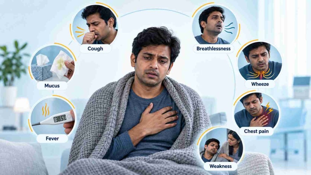 Man experiencing common chest infection symptoms including cough, breathlessness, wheezing, fever, mucus, chest discomfort and weakness.