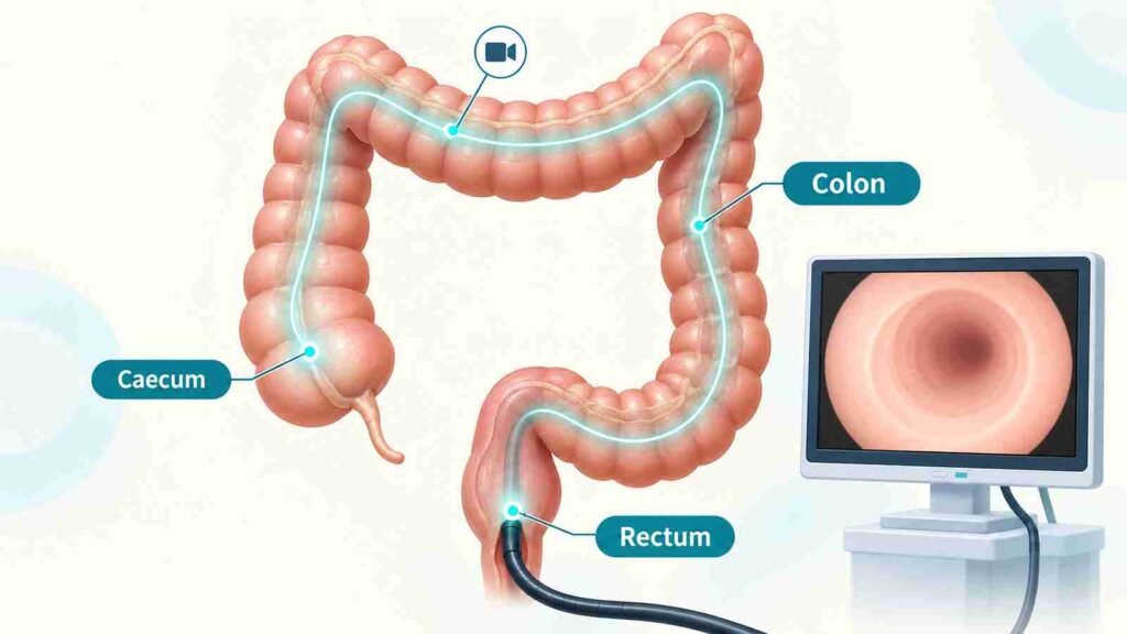 Medical illustration showing a colonoscopy procedure where a flexible camera passes through the colon to examine the inner lining of the large intestine.