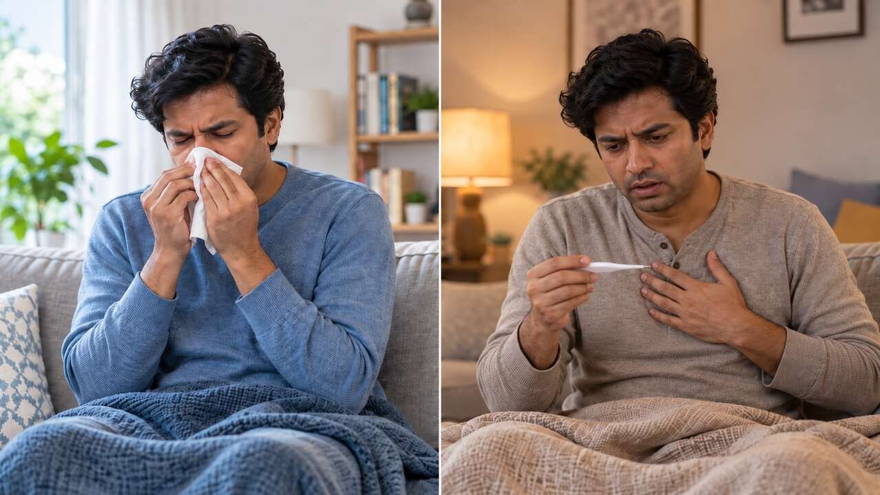 Man with common cold symptoms such as a runny nose compared with worsening chest infection symptoms including fever and chest discomfort.