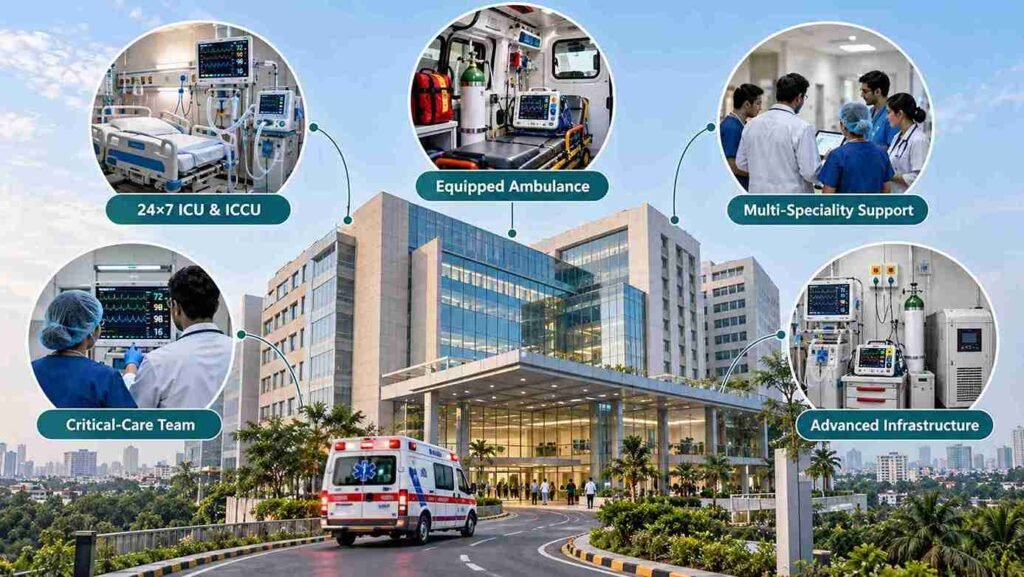 Modern critical care hospital illustration showing emergency ambulance services, ICU facilities, medical equipment, and healthcare teams representing advanced infrastructure and multi-speciality emergency support.