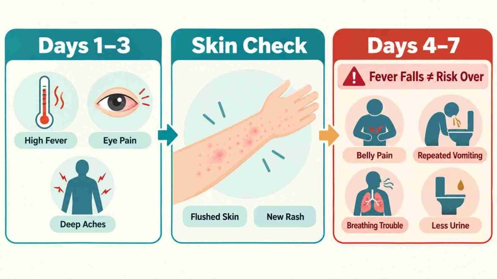 An infographic showing dengue symptoms by illness stage, including early symptoms like high fever, eye pain, and body aches during days 1–3, skin changes, and warning signs such as abdominal pain, vomiting, breathing difficulty, and reduced urine during days 4–7.