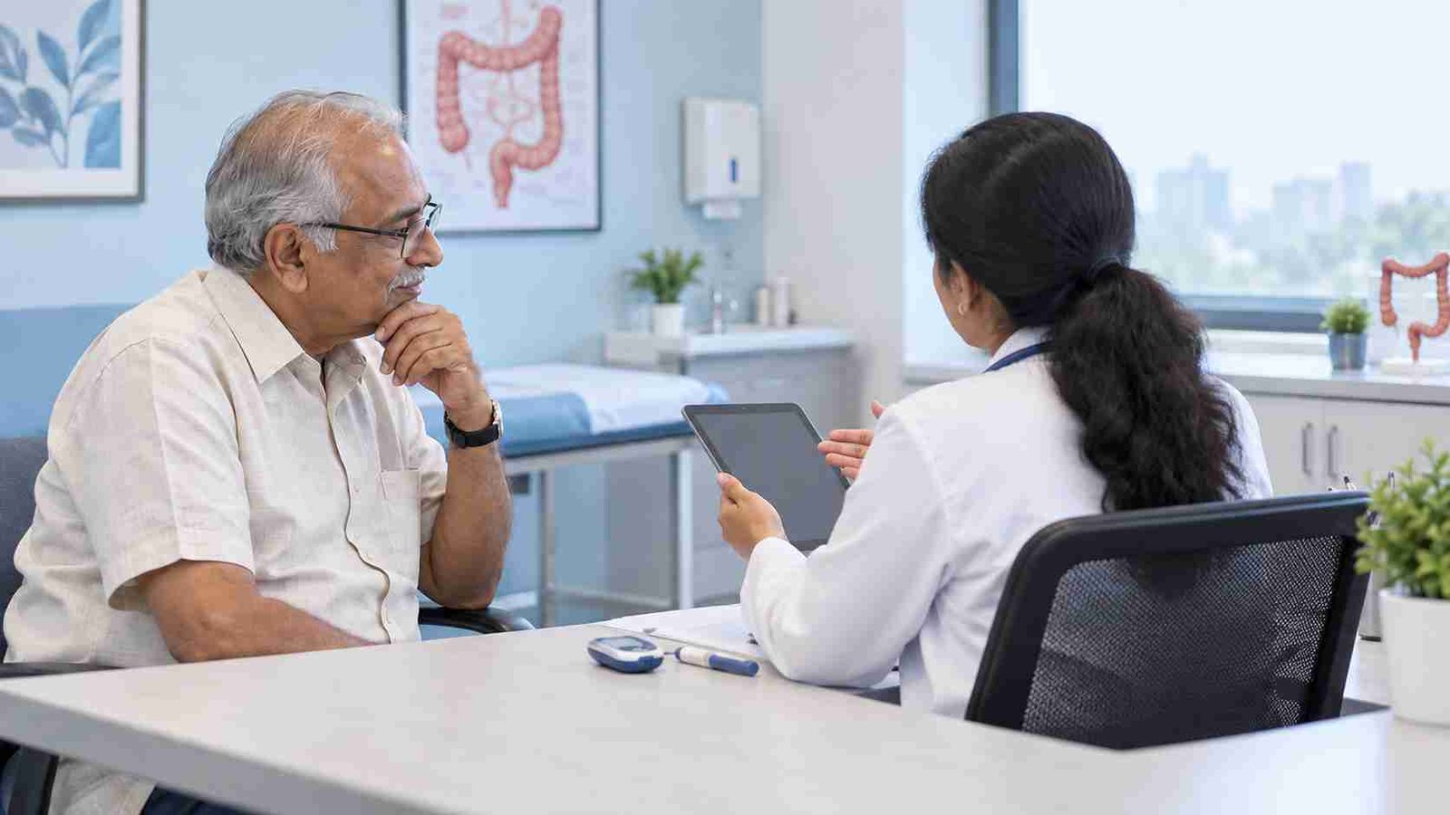 Elderly patient discussing piles symptoms and treatment options with a doctor during consultation before undergoing laser piles treatment.