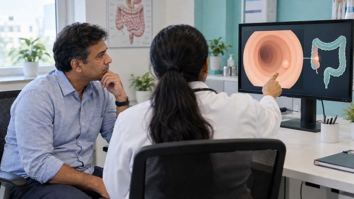 Doctor discussing colonoscopy findings with a patient while reviewing images of the colon on a medical monitor during a consultation.