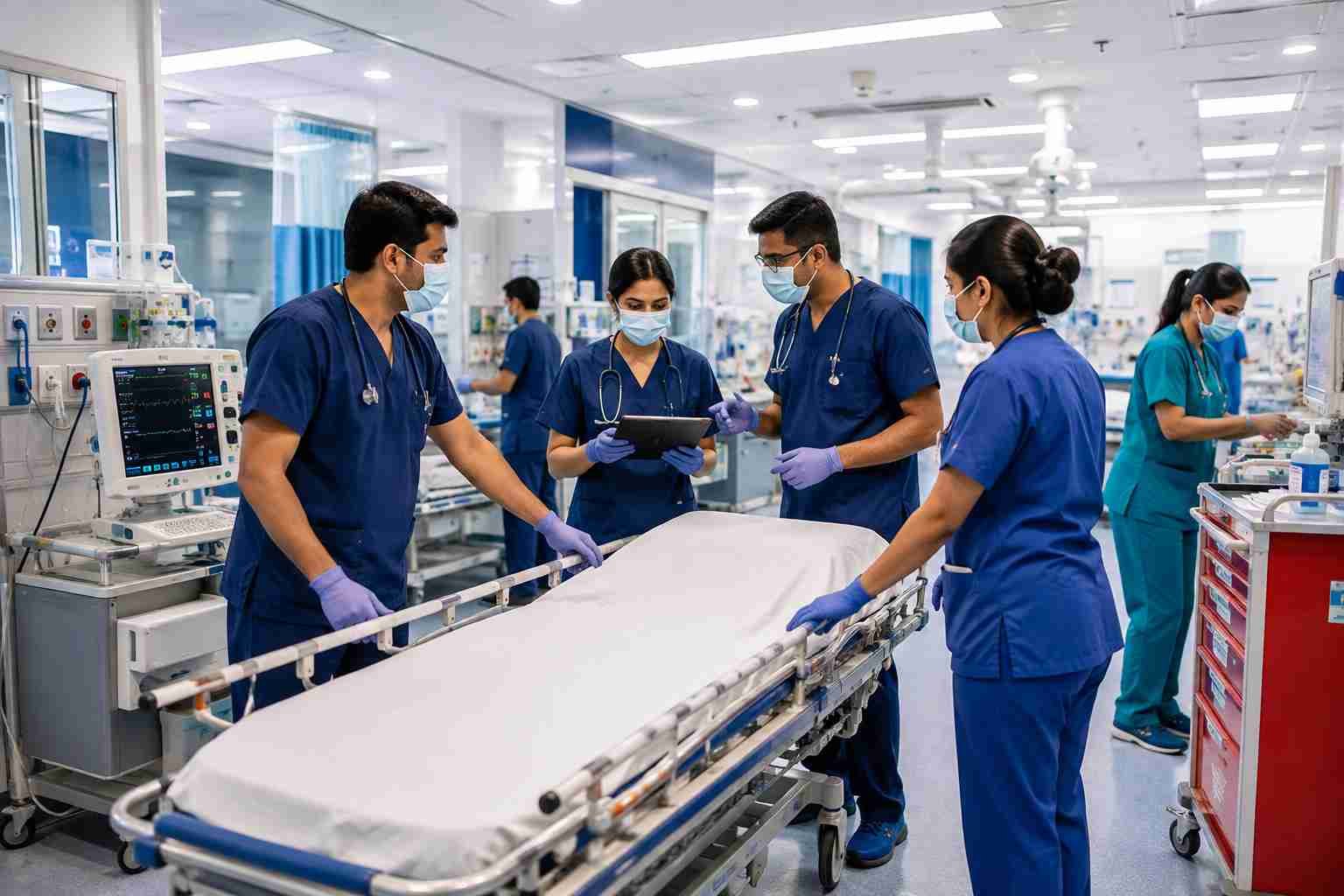 Medical emergency team in a hospital ICU providing critical care support while transporting a patient on a hospital stretcher with advanced monitoring equipment and healthcare professionals.