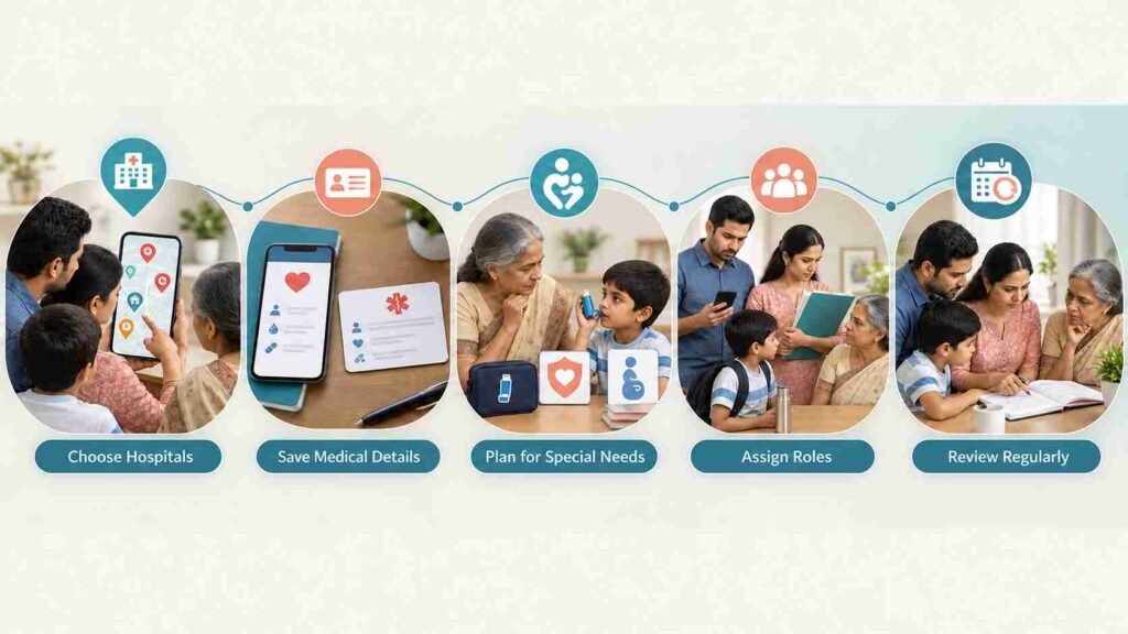 Healthcare planning illustration showing a family preparing for medical emergencies by saving hospital details, maintaining health records, arranging support roles, and reviewing emergency plans in advance.