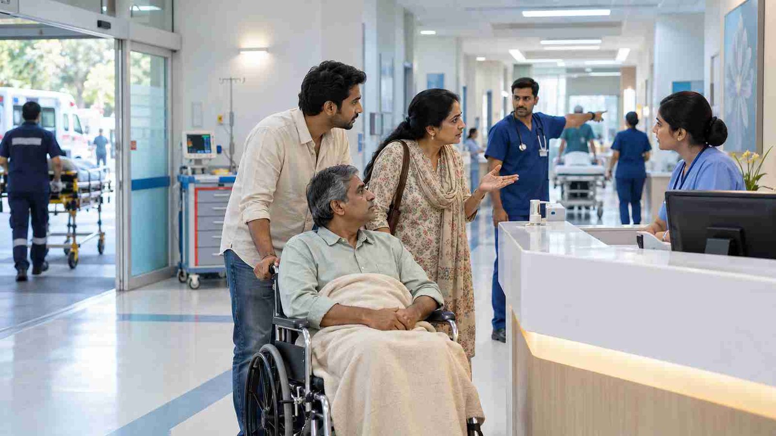 Family members assisting an elderly patient in a wheelchair while speaking with hospital staff at an emergency reception area, showing patient admission support and emergency care coordination.