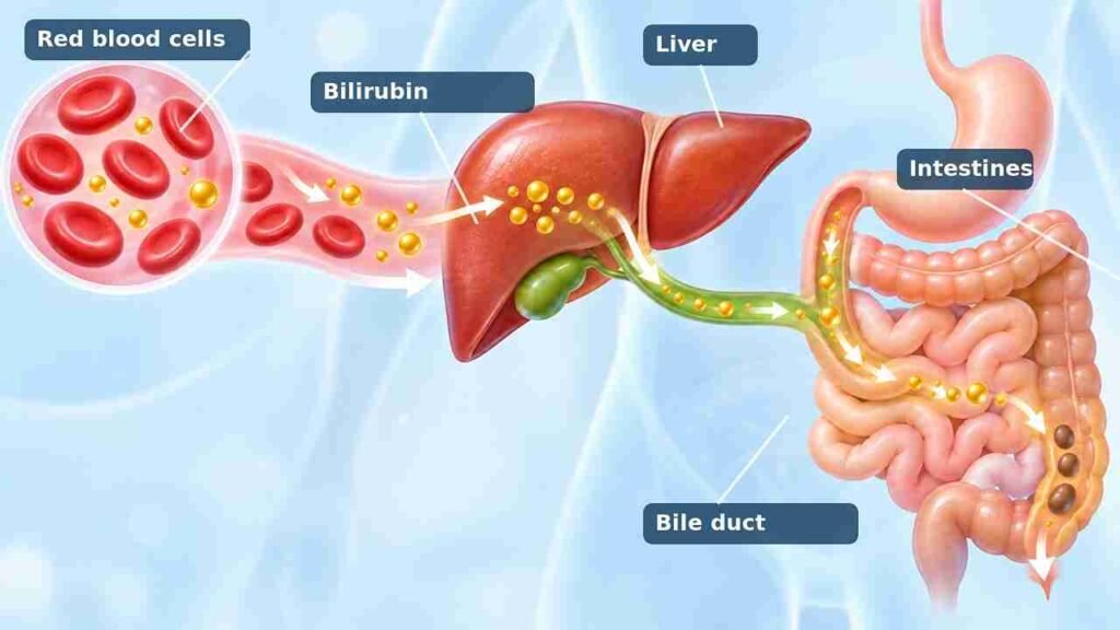 Medical illustration showing the bilirubin pathway in the body, where old red blood cells release bilirubin, which is processed by the liver and transported through the bile duct into the intestines for elimination.