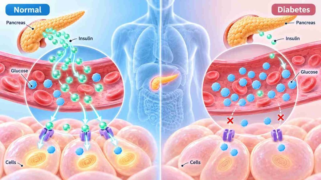 Illustration showing how diabetes affects insulin function and blood sugar levels compared with normal glucose absorption in the body