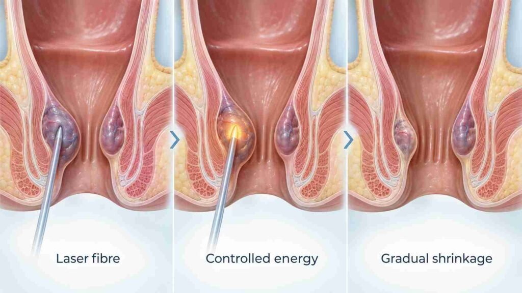 Medical illustration showing laser haemorrhoidoplasty procedure with laser fibre insertion, controlled energy delivery and gradual shrinking of haemorrhoidal tissue during laser piles treatment.
