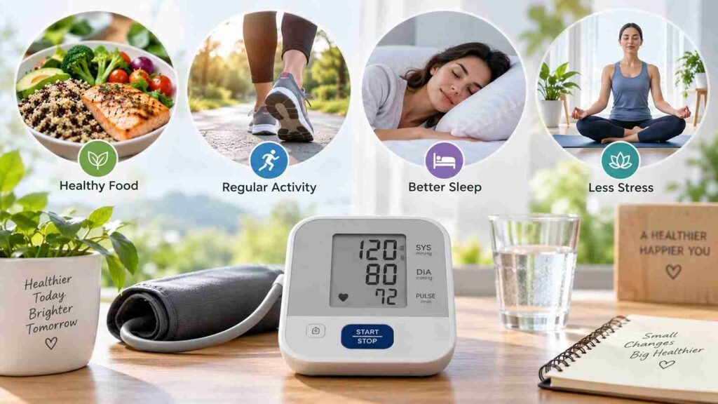 Healthy lifestyle habits for blood pressure control including nutritious food, regular exercise, proper sleep and stress management with a blood pressure monitor.