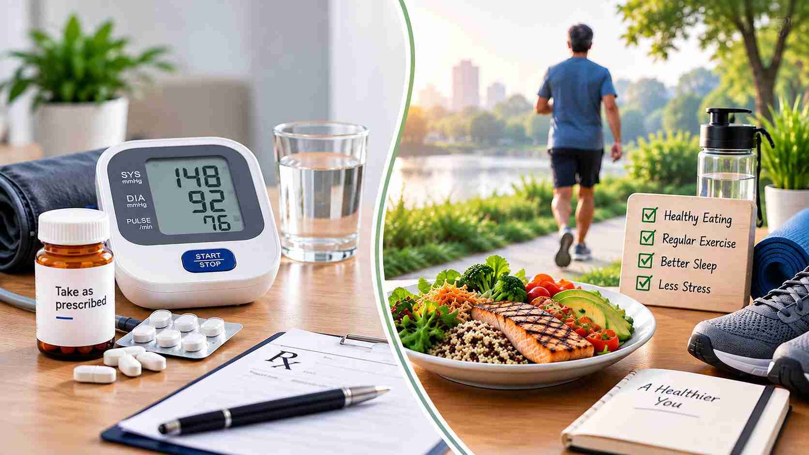 long-term-hypertension-management-and-treatment Hypertension management concept showing blood pressure monitoring, prescribed medication and healthy lifestyle choices for long-term blood pressure control.