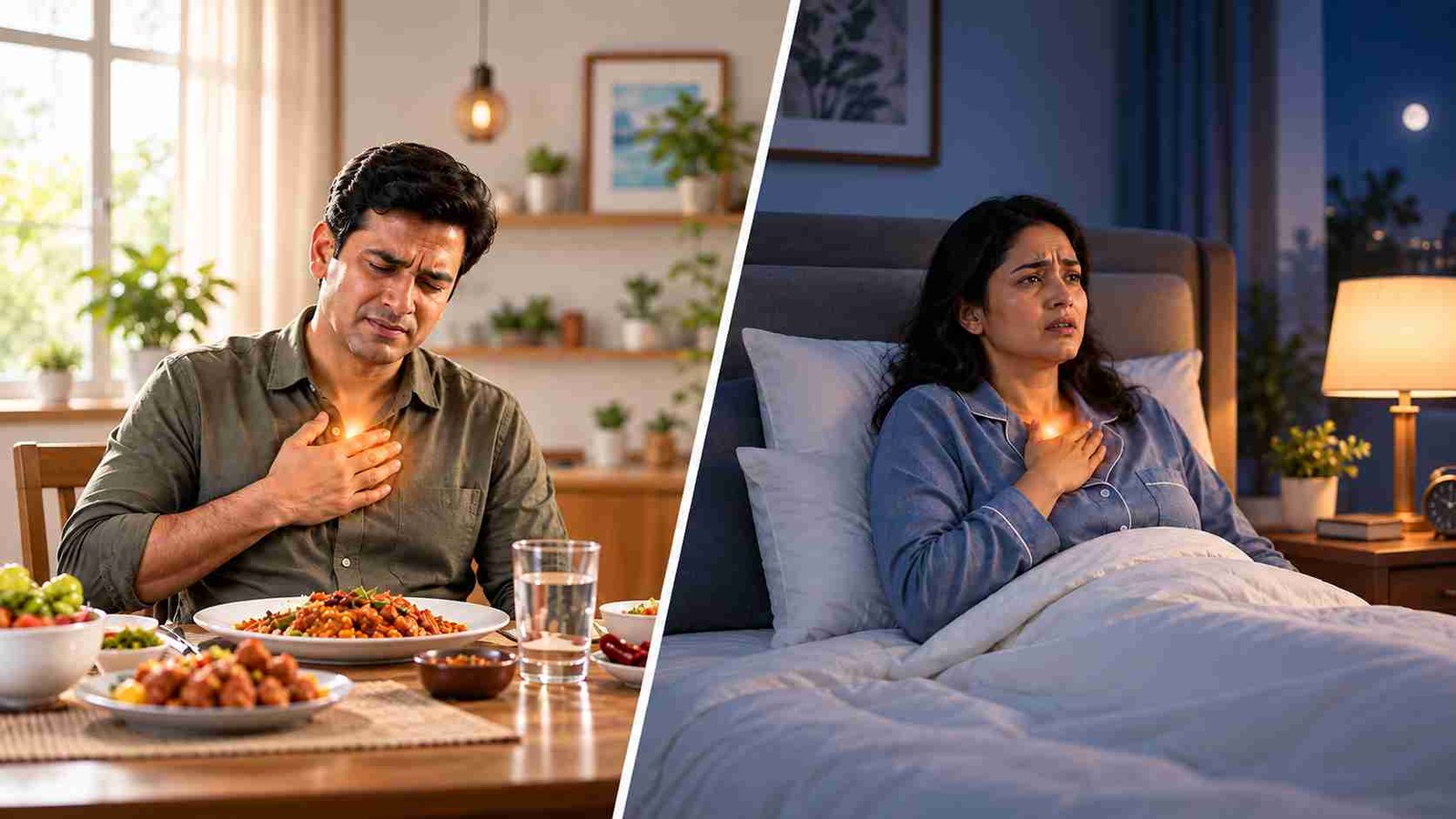 A man experiencing acidity discomfort after eating and a women feeling chest discomfort while resting at night