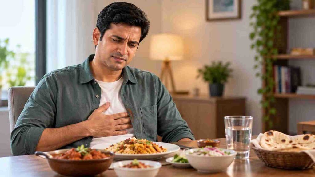 A man holding his chest while experiencing acidity symptoms during a meal at home