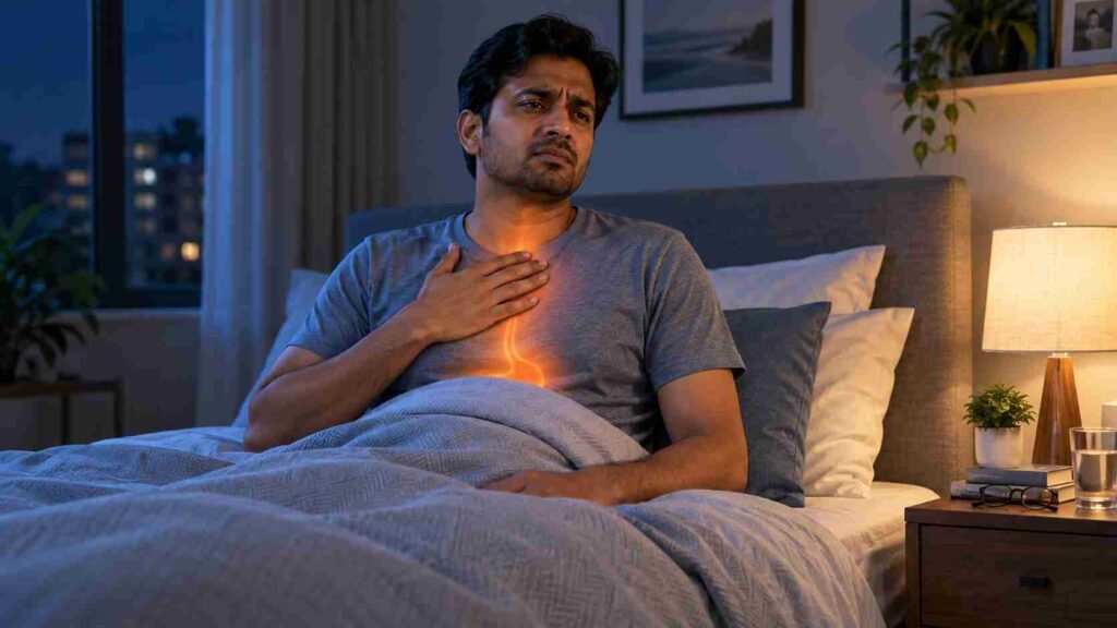 A man sitting on a bed at night and feeling discomfort caused by recurring acidity symptoms