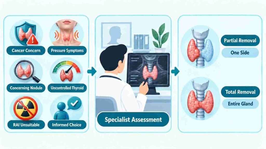 Educational infographic explaining partial and total thyroidectomy with thyroid gland illustrations, specialist assessment, and factors considered before thyroid removal surgery.