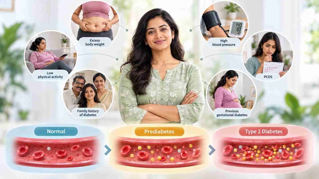 Visual representation of prediabetes warning signs and risk factors such as excess weight, low physical activity, family history of diabetes, PCOS and high blood pressure leading to type 2 diabetes