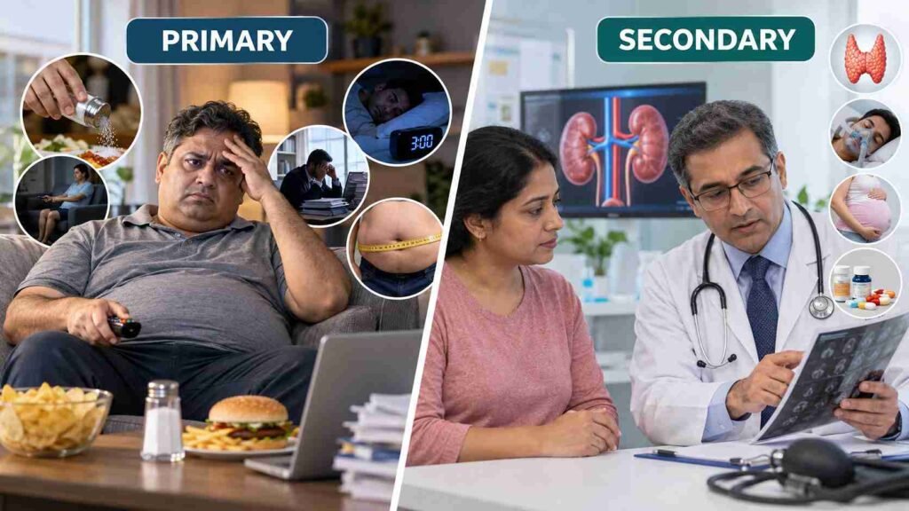 Illustration showing primary and secondary hypertension factors, comparing lifestyle-related causes like unhealthy diet, stress and poor sleep with medical causes requiring doctor evaluation.