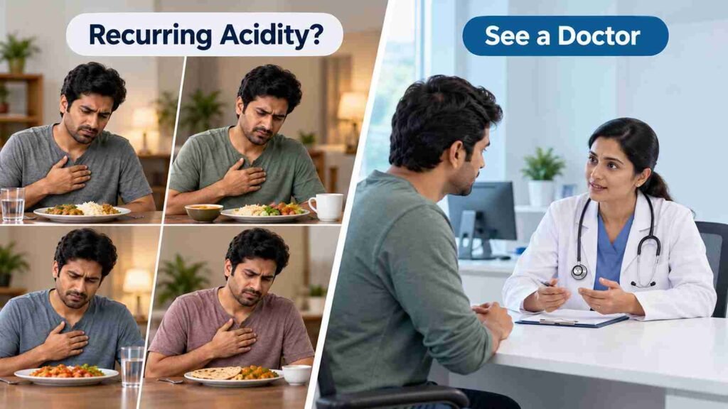A patient discussing recurring acidity problems with a doctor during a medical consultation
