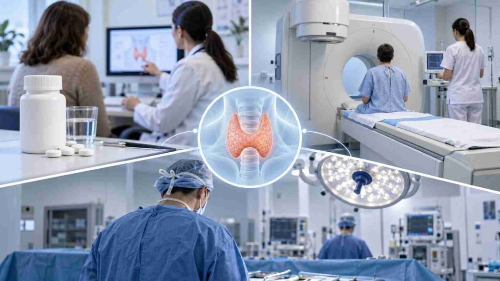 Medical collage showing thyroid surgery preparation, diagnostic imaging, hospital care, and thyroid gland evaluation before an operation.