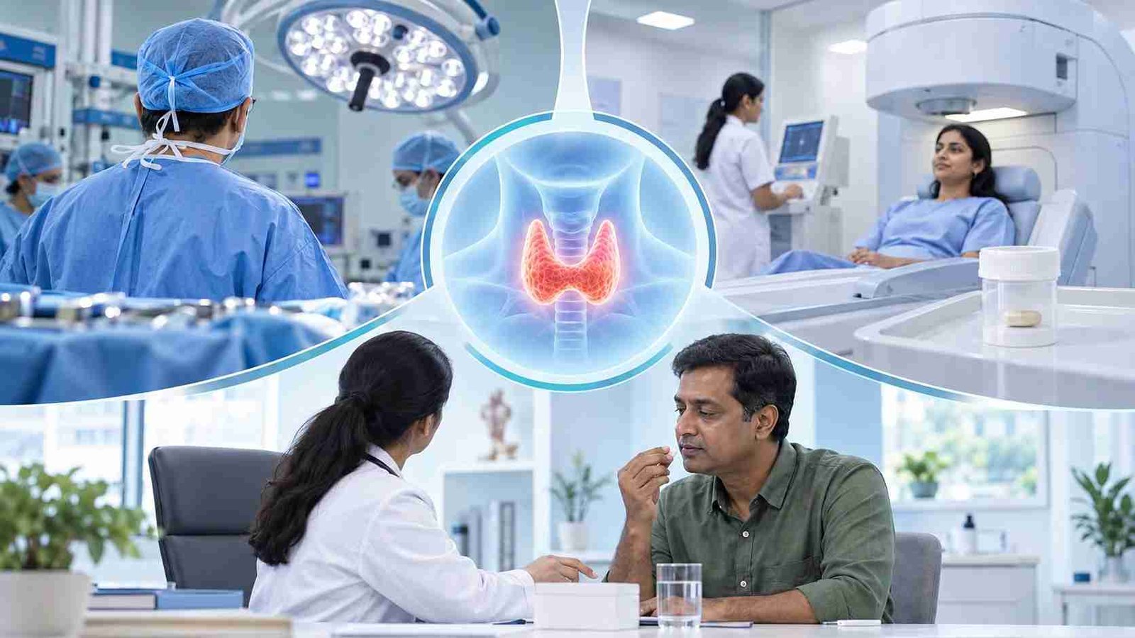 Medical illustration showing different thyroid treatment options including thyroid surgery, radioactive iodine therapy, and patient consultation for thyroid disorder management.