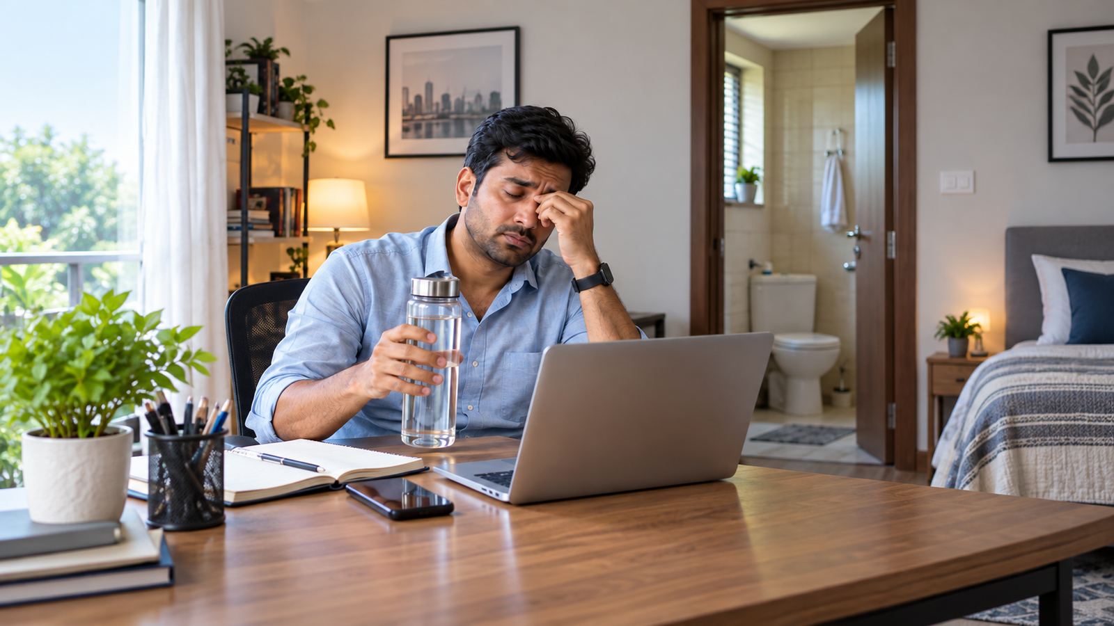 Person experiencing unexplained fatigue and increased thirst, which can be possible early warning signs of high blood sugar and diabetes symptoms