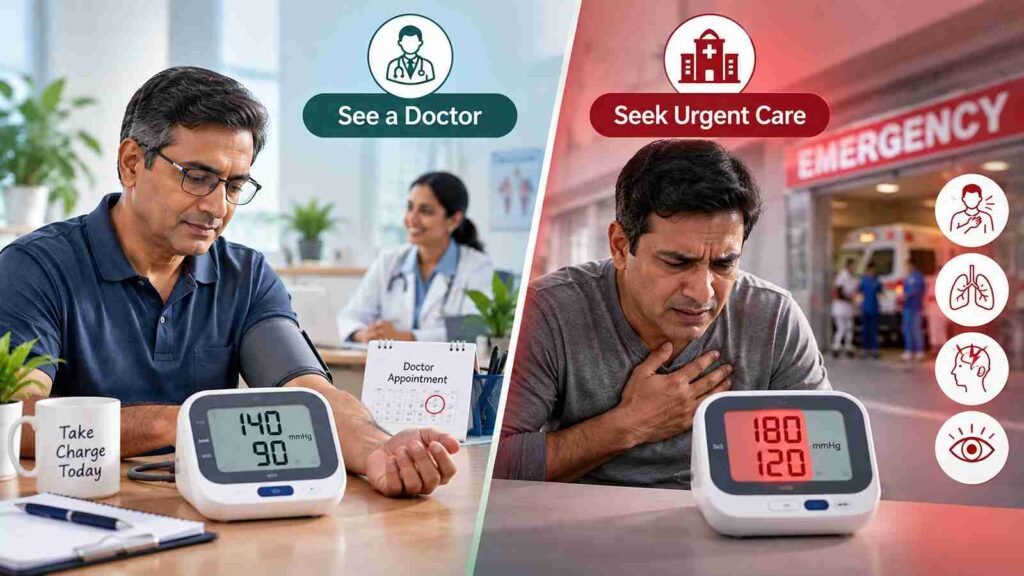 Comparison showing when to consult a doctor for hypertension and when urgent medical care is needed for dangerously high blood pressure symptoms.