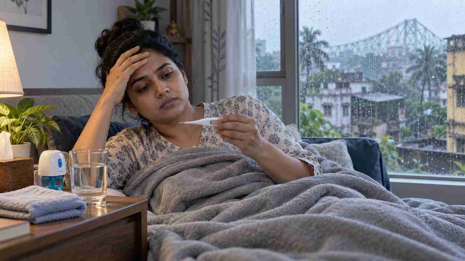 woman-checking-fever-with-thermometer-at-home A woman resting in bed while checking her temperature with a thermometer, showing common early symptoms of dengue fever such as high fever, weakness, and body discomfort during illness.