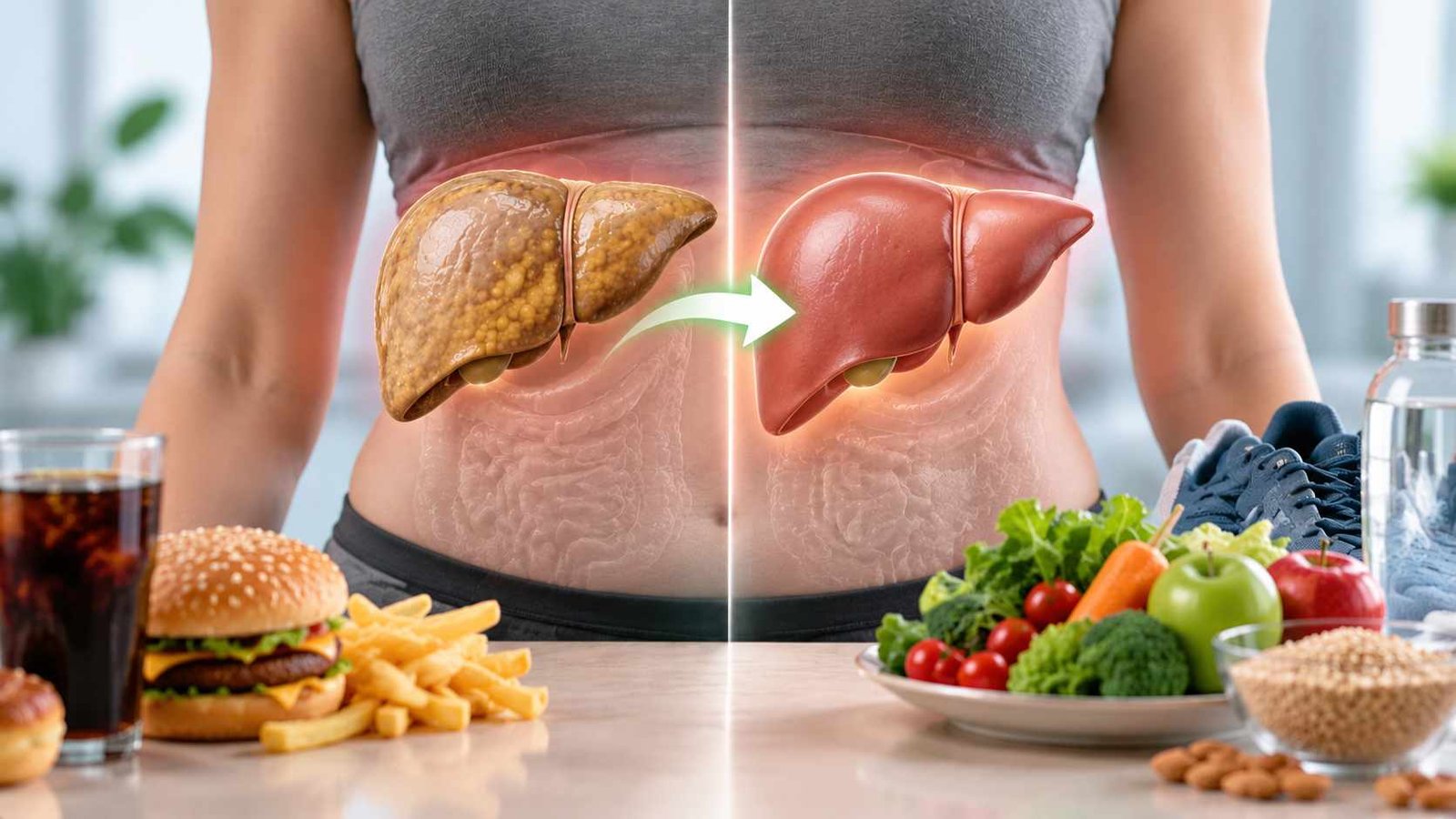 Before-and-after illustration of a fatty liver and a healthy liver, showing how diet and lifestyle changes can help reduce liver fat.