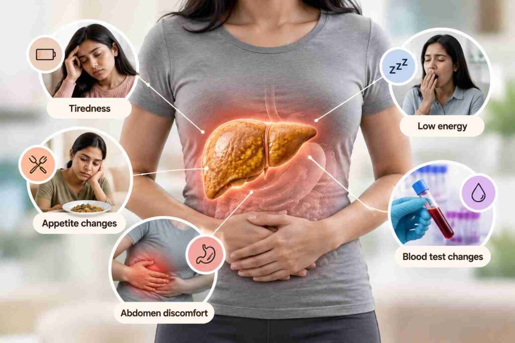 Medical illustration highlighting possible fatty liver symptoms, including tiredness, low energy, appetite changes, abdominal discomfort and abnormal blood tests.
