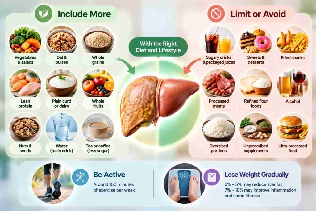 Fatty liver diet chart showing recommended foods, foods to limit, exercise and gradual weight loss to help reduce liver fat. Copy