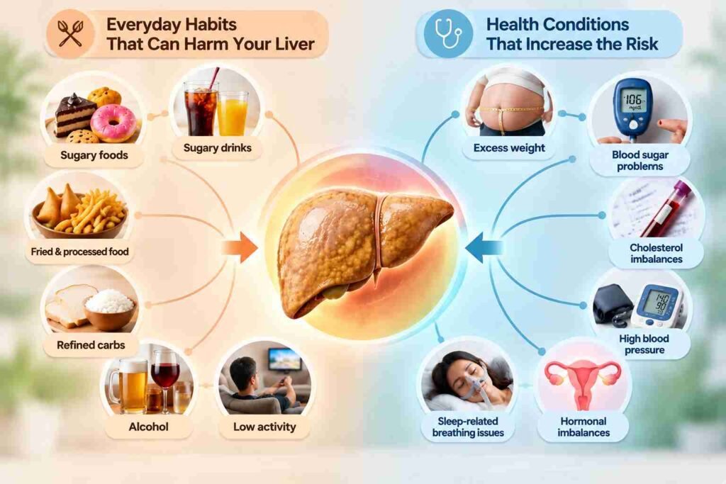Illustration of fatty liver disease risk factors, including sugary foods, alcohol, inactivity, obesity, diabetes and high blood pressure.